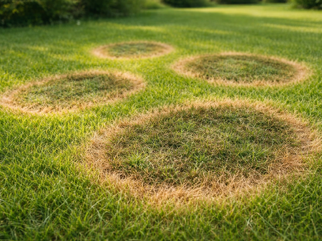 Close-up van brons- en lichtgroene ringvormige plekken op gras, met heksenkring-achtig patroon.