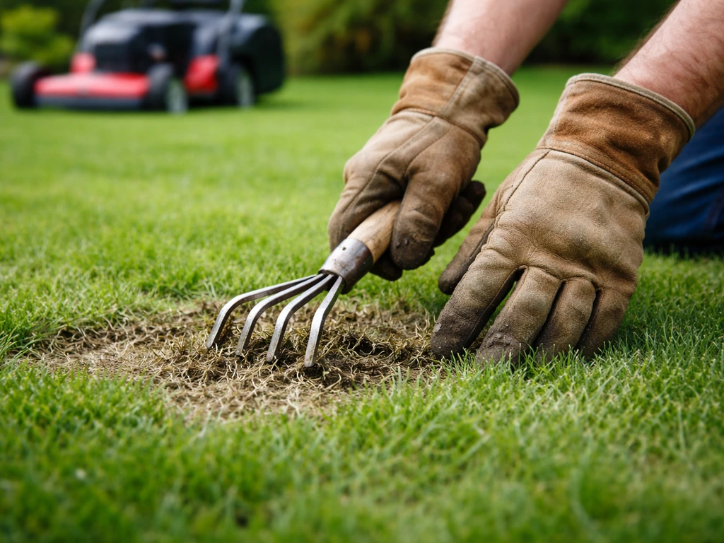 Tuinier met grasmaaier en handschoenen die gras bijwerkt op een hobbygazon met zichtbare plekjes