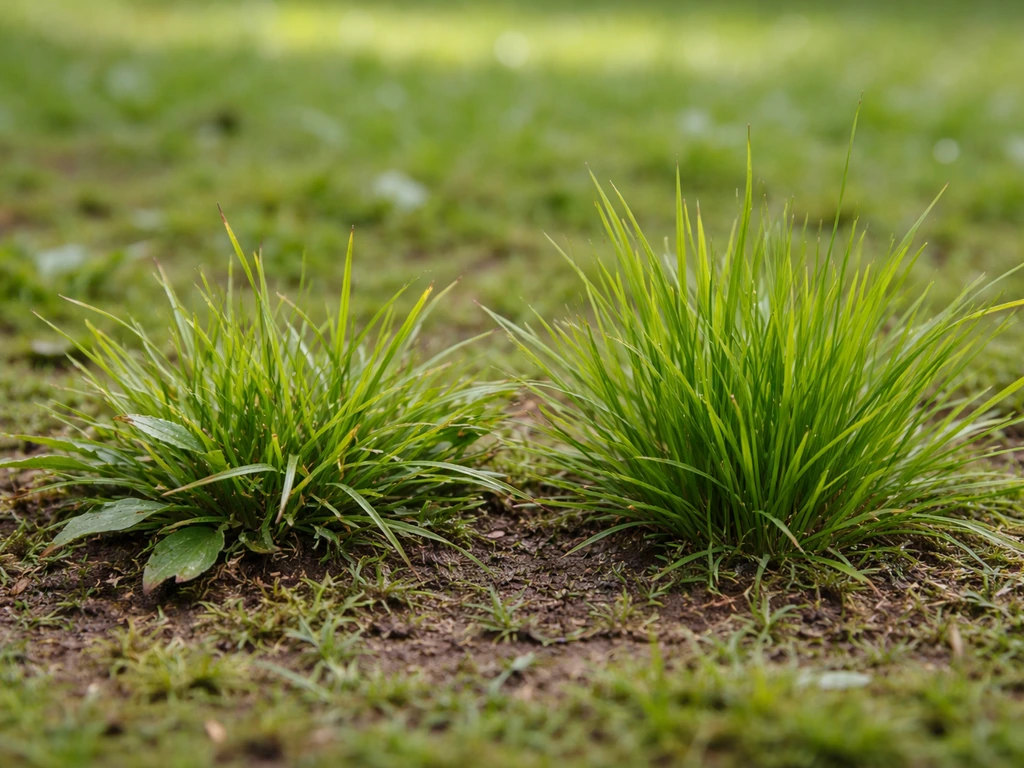 Close-up van twee grasplukjes naast elkaar op graszode: inheems gras versus Engels raaigras.