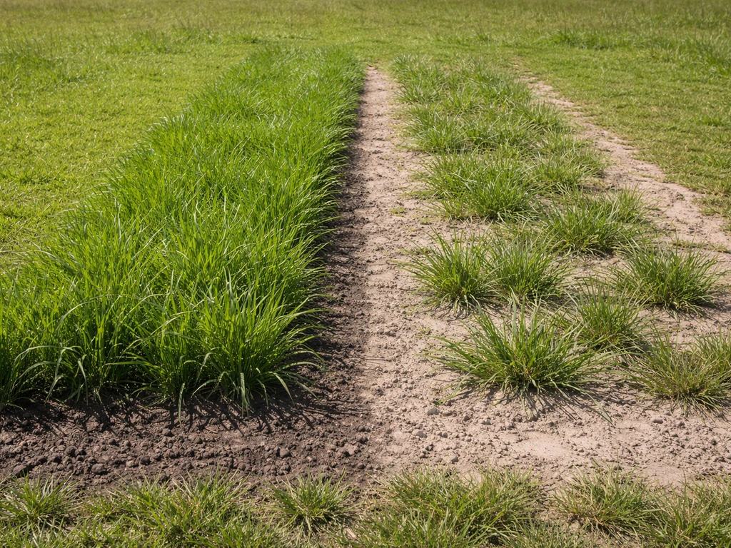 Links kleigrond met groen gras, rechts zandgrond met droger gras in halfschaduw.