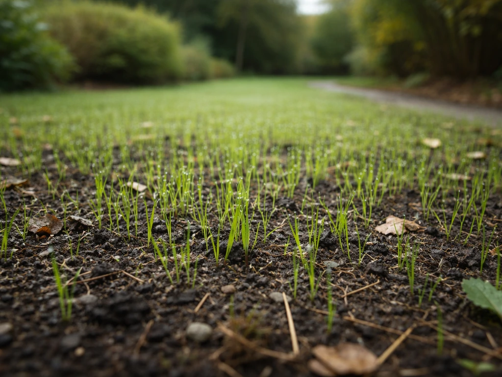 Jonge graskieming op vochtige grond in de late zomer/herfst, met dauw en koele sfeer.