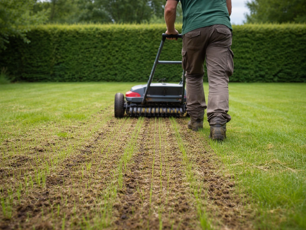 Werker verticuteert een inheems gazon in september, met vers ingezaaide graskiemen tussen de rijen.