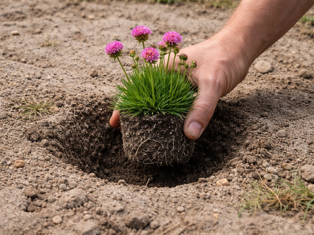 Hand die een jonge Armeria-plantspruit met kluit in een ondiep plantgat in schrale zandgrond zet.