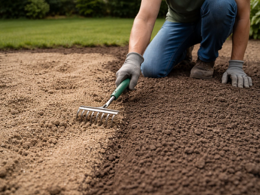 Persoon werkt grof zand/grondverbeteraar in de toplaag tot een kruimelig zaaibed voor gazonaanleg.