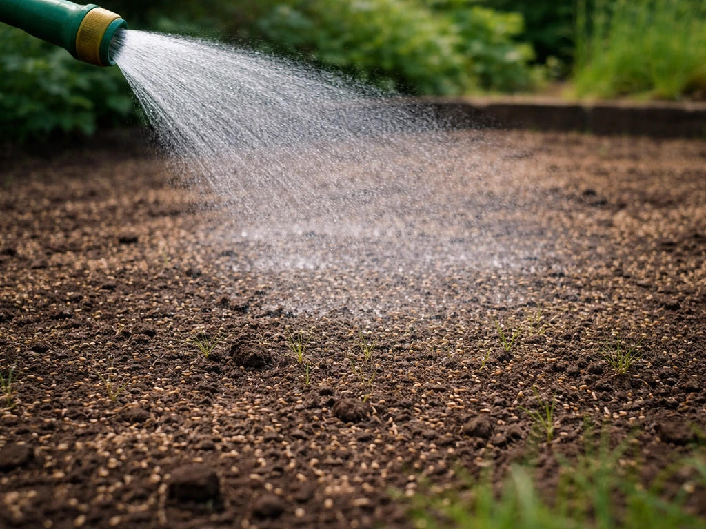 Gelijke fijne sproei op pas ingezaaid graszaad in licht vochtige grond, met tuinslang en zachte nevel