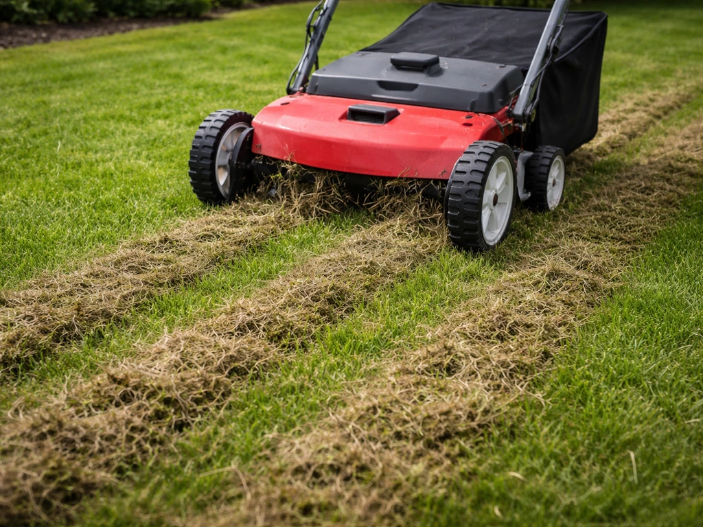 Verticuteermachine snijdt vilt en grasresten weg op een groen gazon, verdichting voorkomen.