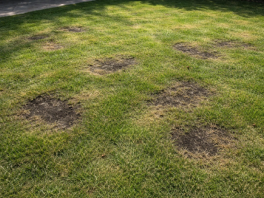 Bovenaanzicht van een Nederlands gazon met zwartwordende plekken en ongelijk groen gras in de tuin.
