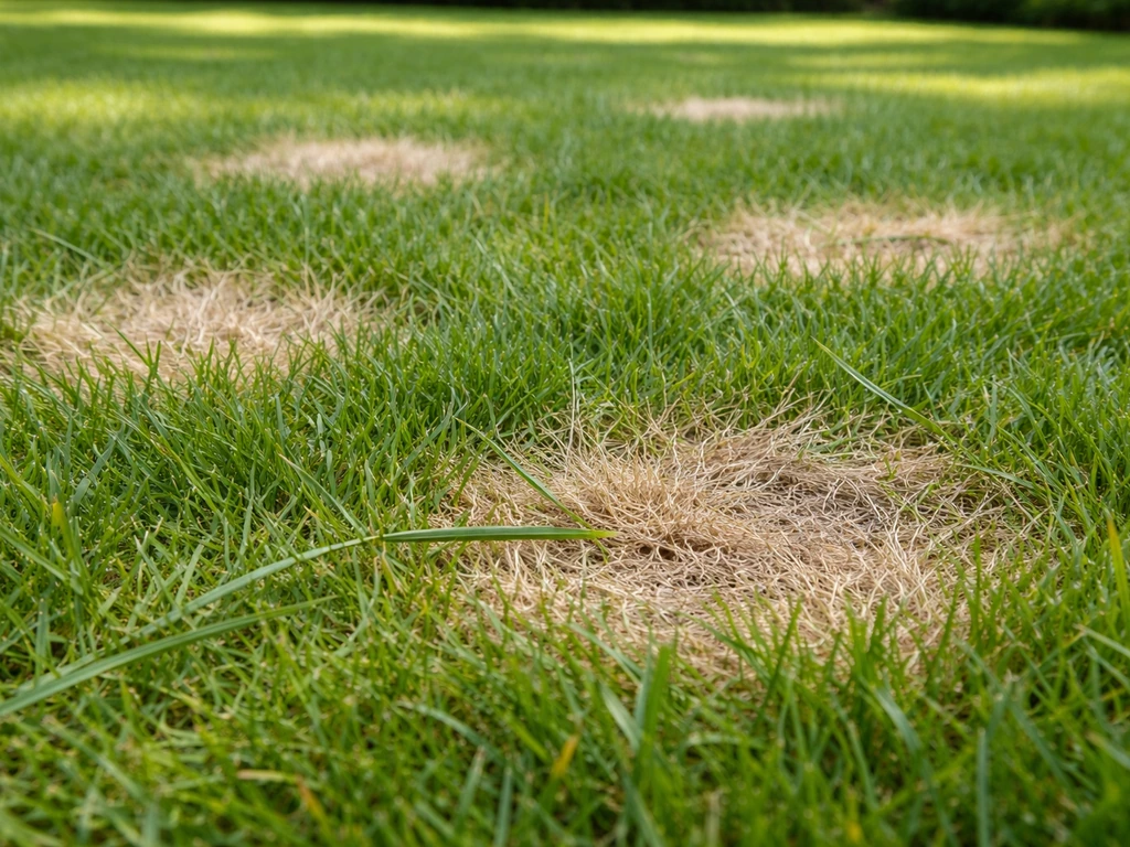 Bovenaanzicht van een Engels raaigras-gazon met wit/grijs verkleurde plekken tussen groen gras