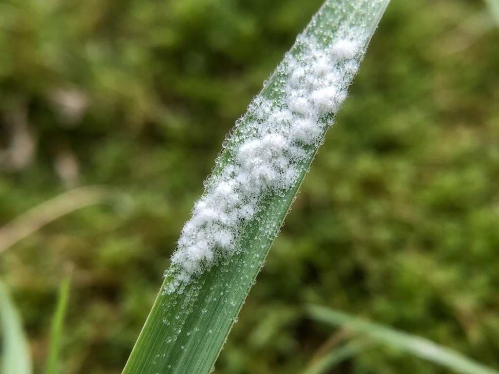 Close-up van grassprieten met echte meeldauw: wit poederachtig waas op de bovenkant.