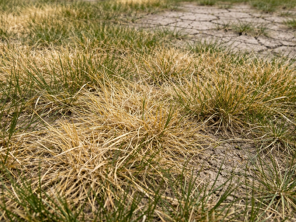 Close-up van geel-wit Engels raaigras met droge, gebarsten bodem door droogte en vochtstress.