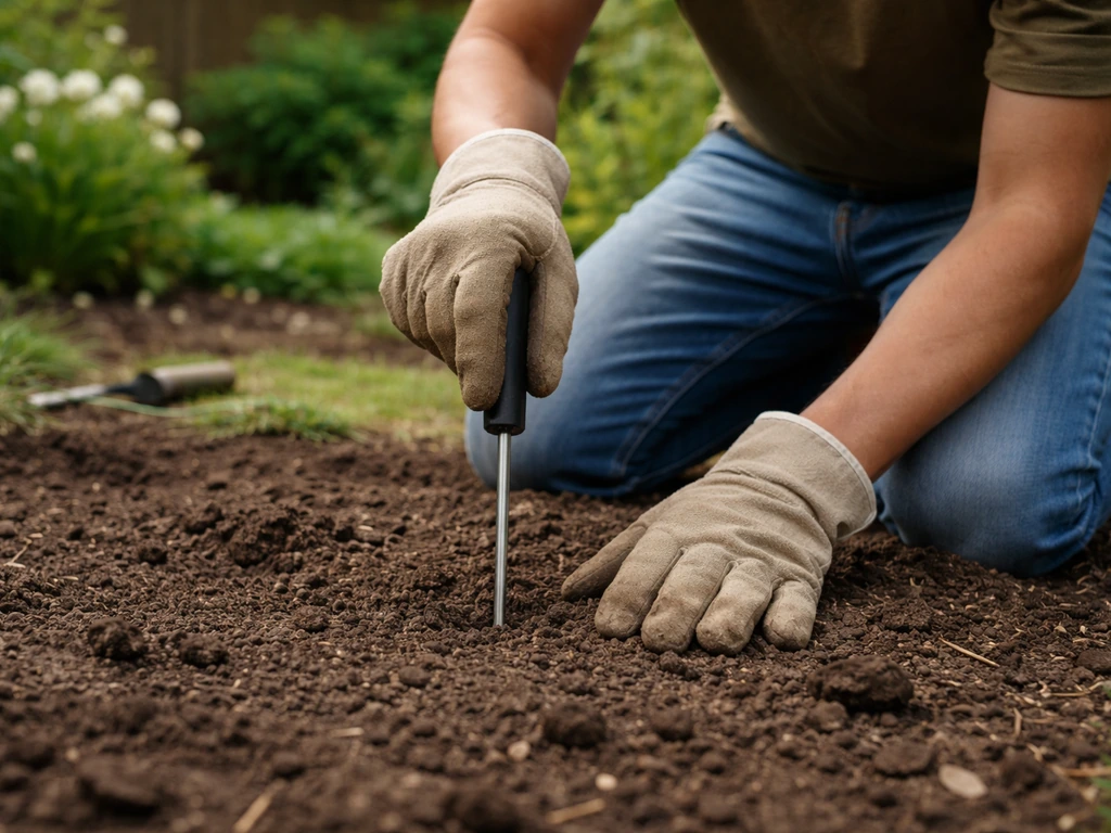 Tuinier knielt bij het perk en prikt met een grondprikker in de aarde om vocht en stevigheid te testen.