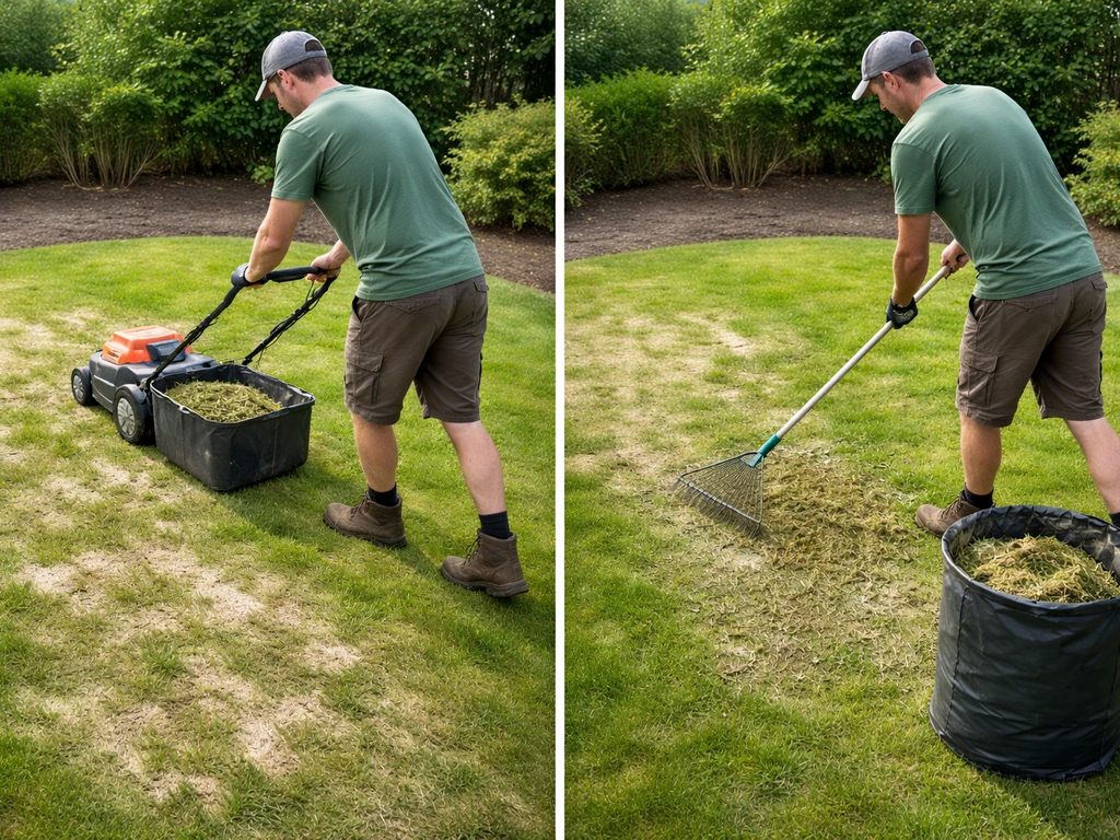 Tuinier maait aangetast gras en voert maaisel af bij echte meeldauw, met schone hark achteraf.
