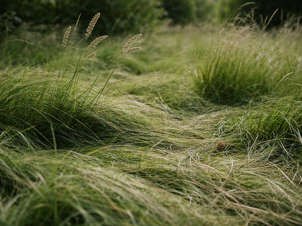 Close-up van lang en rommelig gazon met gras dat plat ligt en doorwaait.