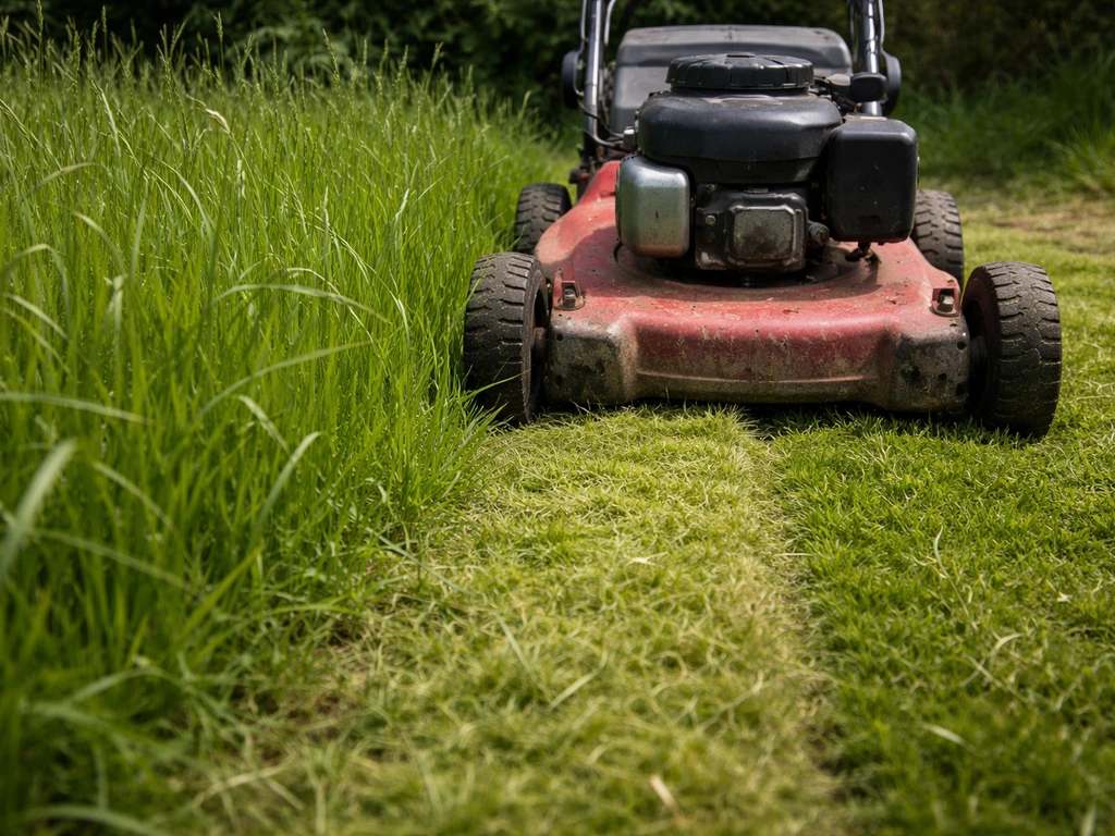Grasmaaier die hoge, verwaarloosde grasstroken gefaseerd terugmaait met zichtbare maaistroken.