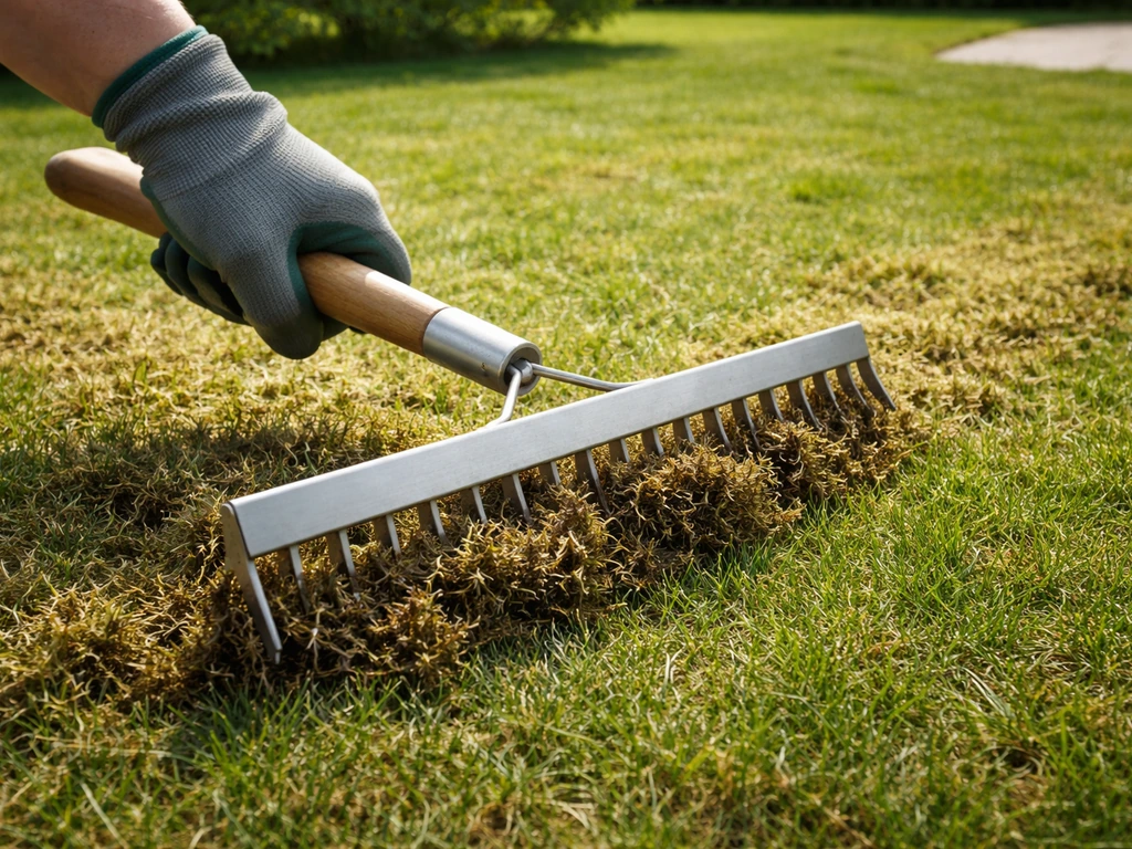 Verticuteerhark die los vilt en mos uit een grasmat trekt, in een rustige tuin met natuurlijk licht.