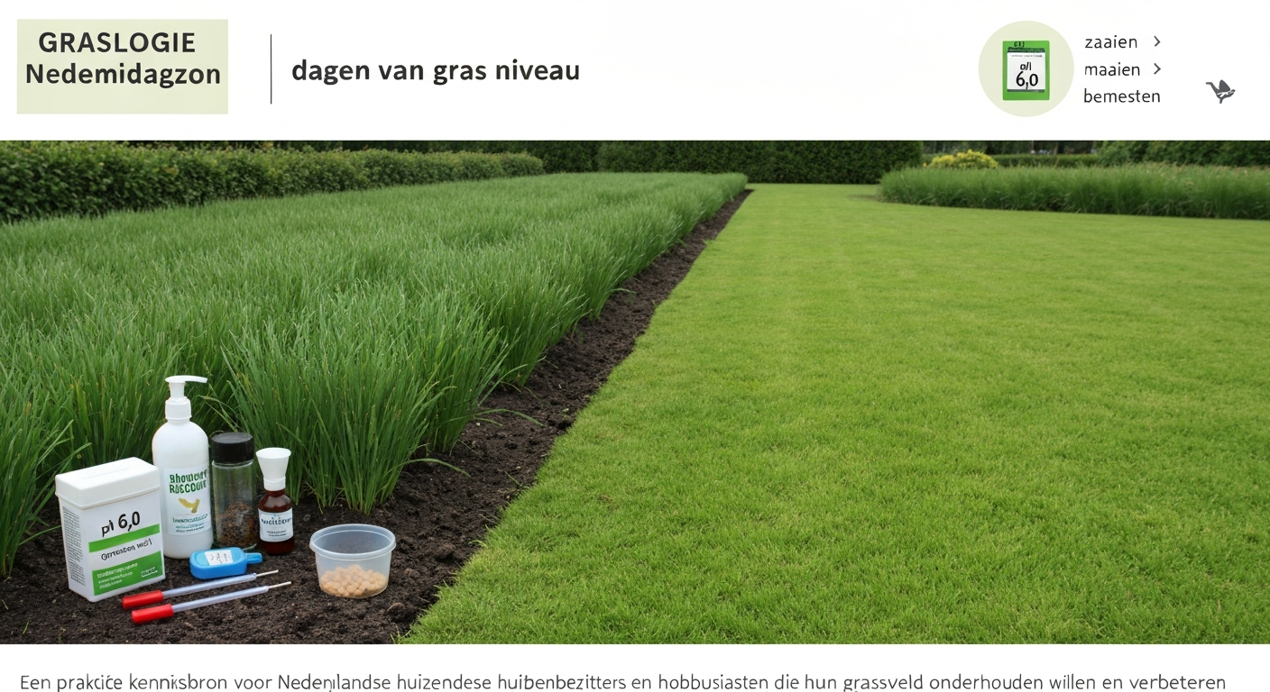 Headerfoto van een strak Nederlands gazon met bodemtest-instrumenten, inset bodemprofiel en tijdlijniconen die zaaien, maaien en bemesten aangeven.
