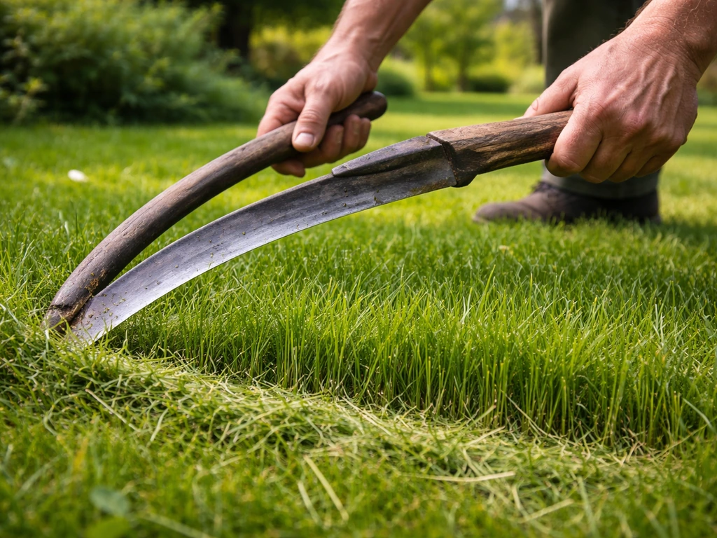Handen met een zeis die gras maaien; resterend gras blijft zo’n 6–8 cm en gemaaid gras ligt op de zode.