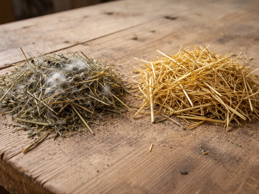 Twee hooisamples op een houten werkbank: zichtbaar schimmelend hooi naast droog, goed hooi.
