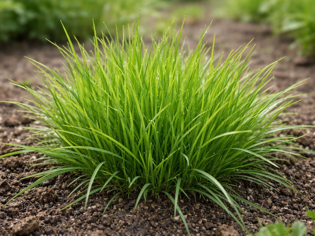 Close-up van een dichte pol Engels raaigras (Lolium perenne) met fijne grasbladen in volkstuin-aarde.