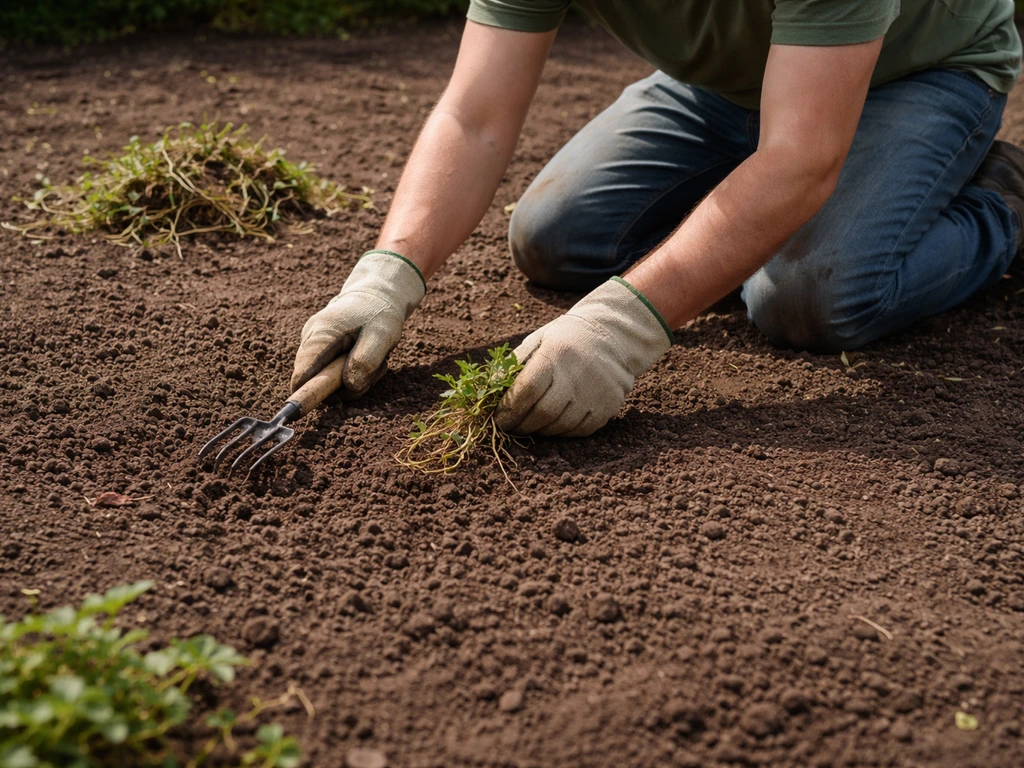 Iemand knielt in de tuin en verwijdert onkruid; de grond is schoon en klaar voor nieuw gras.