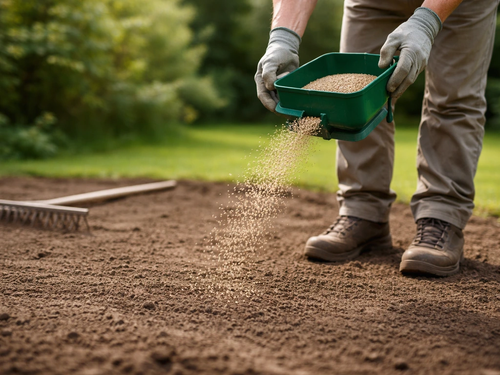 Handmatig graszaad uitstrooien op vlakgemaakte grond in de tuin, met hark op de achtergrond.