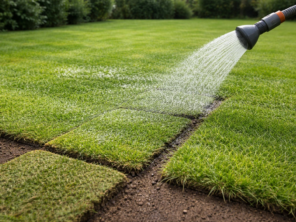 Vers gelegd gras met natte grondlaag na het water geven, met een klein stukje dat net voorzichtige eerste maaibeurt toon