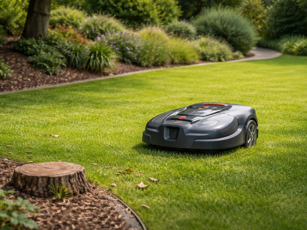 Robotmaaier op een verzorgd Nederlands gazon met zichtbare begrenzing en kleine obstakels in beeld.