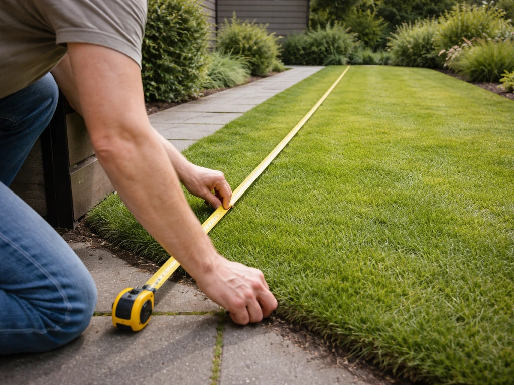 Iemand meet met een rolmaat het maaivlak in een eenvoudige tuin met gras en lage planten