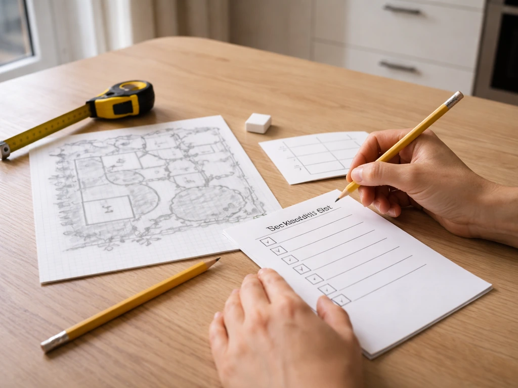 Fysieke checklist op een keukentafel met tuinplanning-schets en losse tuinmetingen, minimalistisch en realistisch.