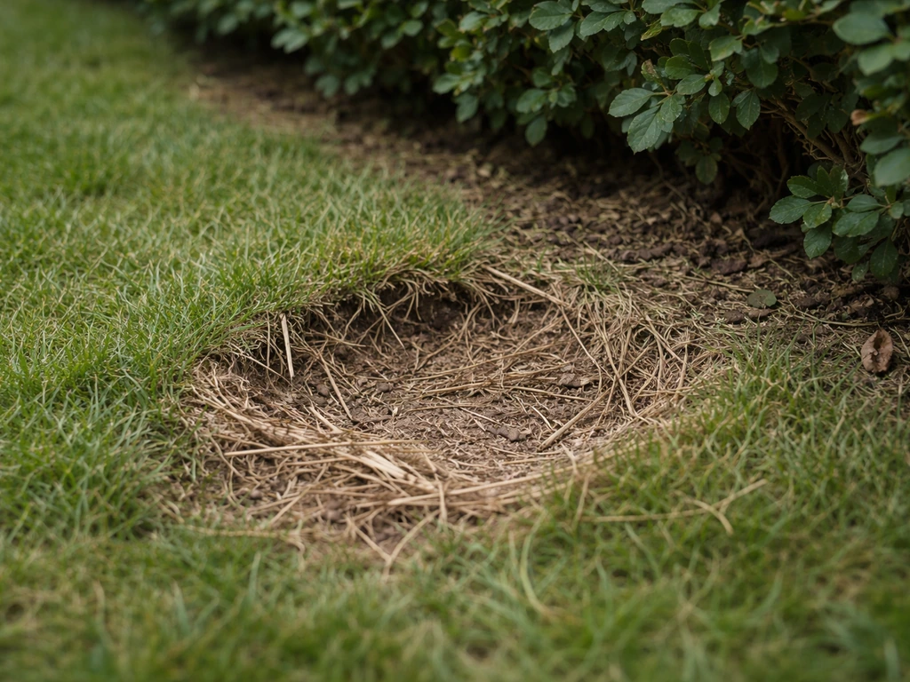 Close-up van een komvormige platgetrapte kuil met droog nestmateriaal in een gazonrand bij een struikzone.