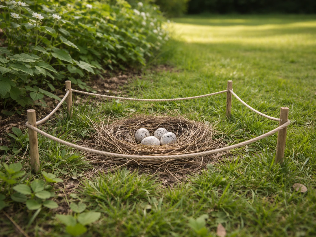 Actief vogelnest met eieren op de grond, afzetting met touw en maai-/rustzone in een tuin.