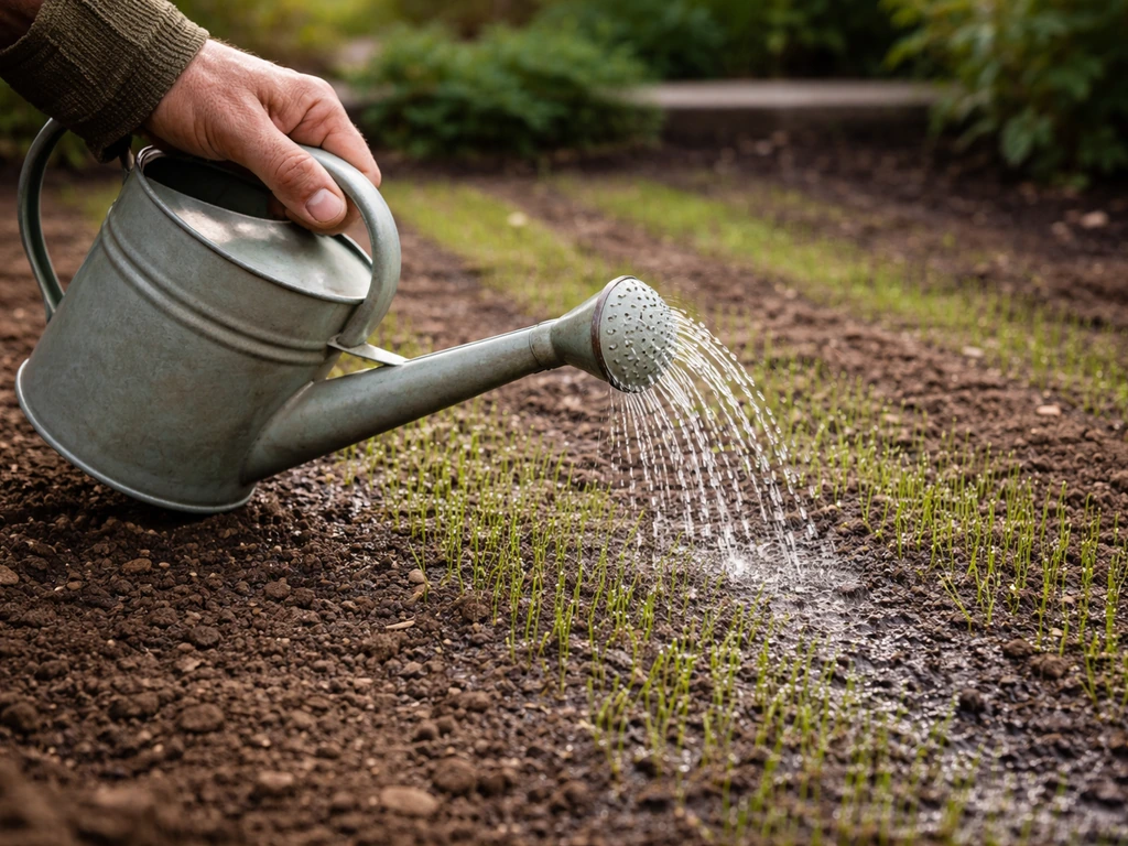 Gieter die water sproeit op een ingezaaide grasstrook; vochtige grond maar geen drassigheid.