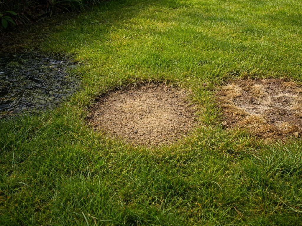Veld met meerdere plekken in het gazon: donkere schaduwplekken, kale plekken en verdroogd gras door verschillende oorzak