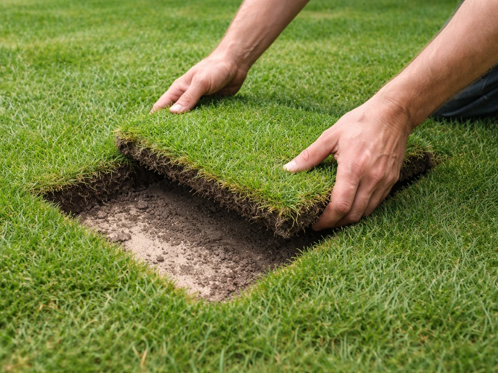 Tuinier legt een graszode terug in een uitgesneden plek, met nette aansluiting op de bestaande grasrand