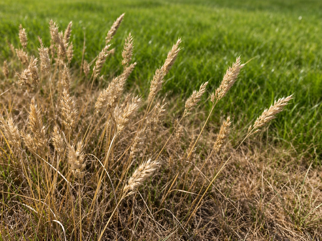 Close-up van gedroogde gras pluimen tussen nog groen gazon, zichtbaar dor en geelbruin