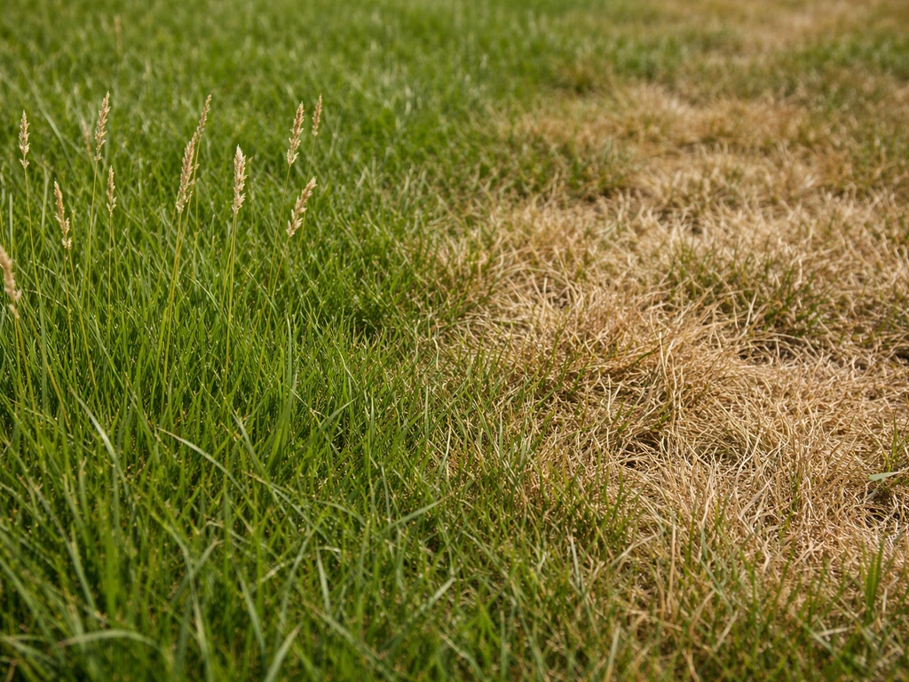 Close-up van een gazon met links losse droge aren en rechts verdroogde gele/bruinige plekken