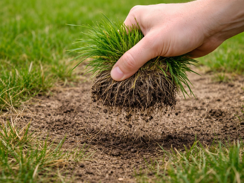 Hand trekt voorzichtig een handvol gras uit een bruine plek; wortels en grond zijn duidelijk zichtbaar.