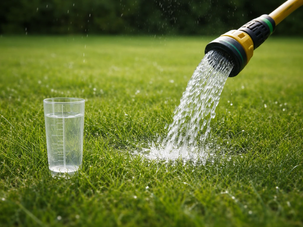 Tuinslang die diep water geeft; duidelijke waterstraal en regendruppels op een gazon met maatindicatie in de grond.