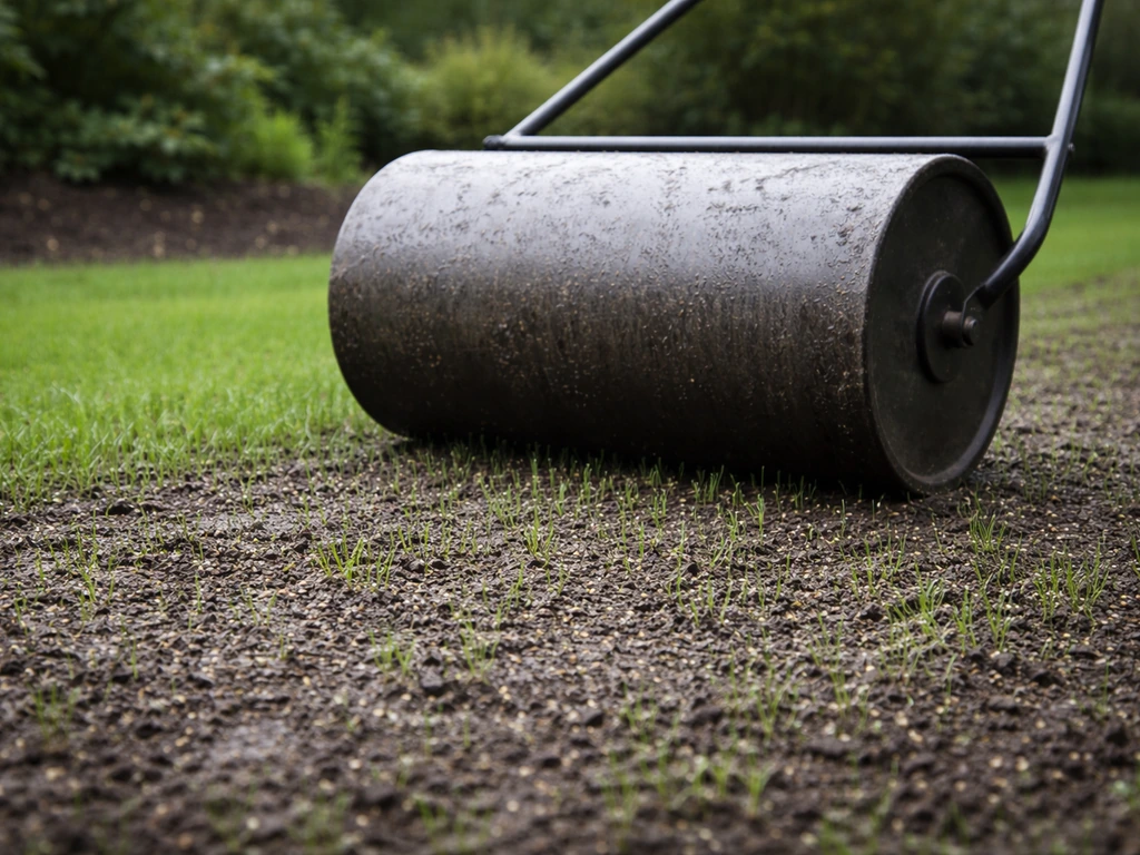 Tuinwals rolt over een pas ingezaaid gazon met licht vochtige grond en frisse kiemplantjes in Nederland