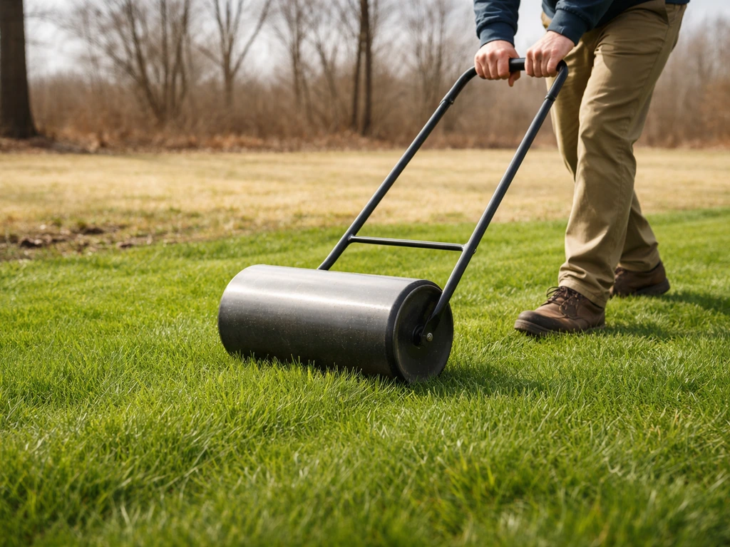 Hand duwt een grasonkruidwals over groen gazon in vroege lente met subtiele seizoenshint.