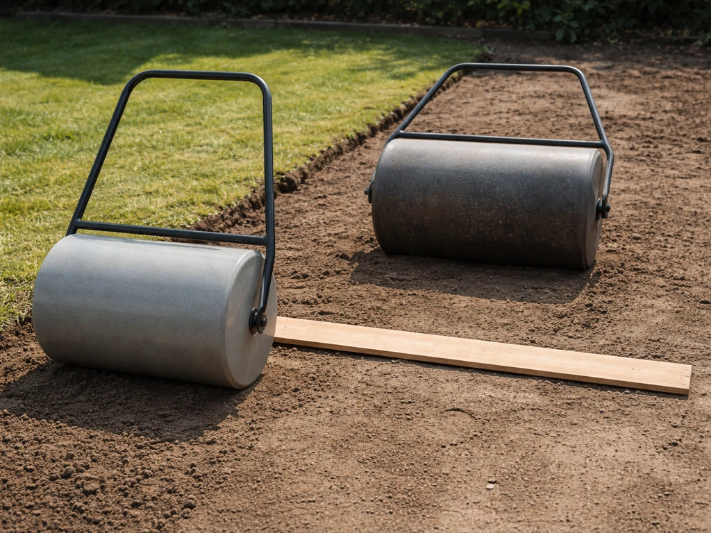 Twee gazonwalsen in een tuin met zichtbare verschillen tussen lichte en zwaardere modellen.