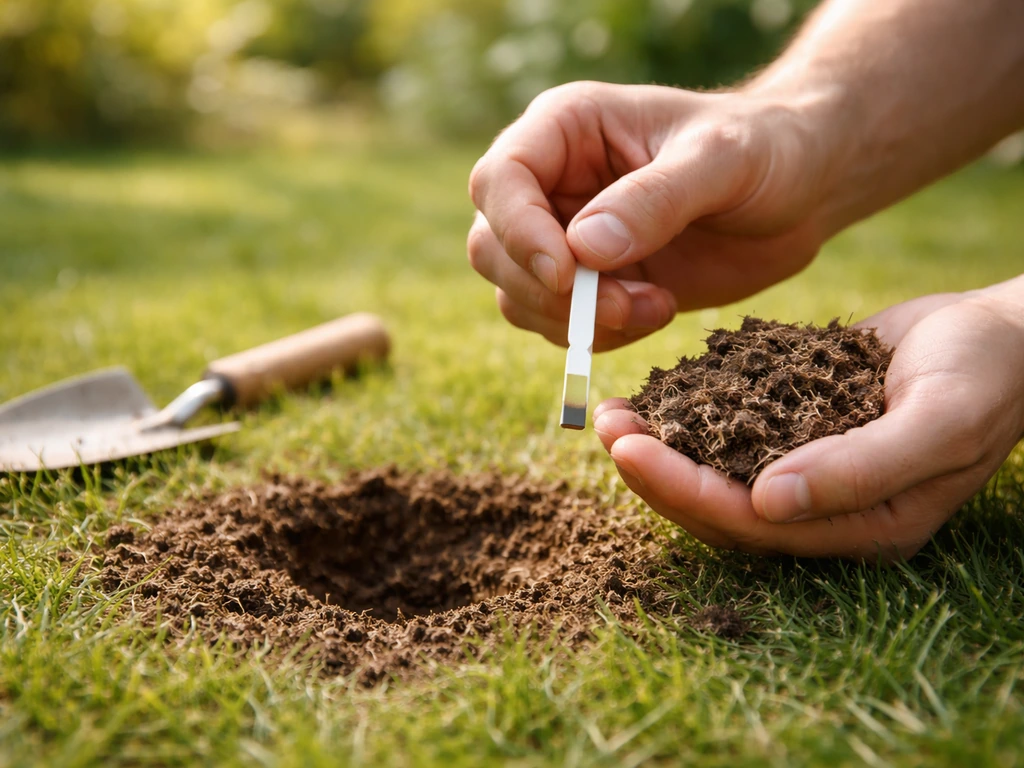 Hand met pH-teststrip boven een vers bodemmonster bij het gazon, met vaag gras op de achtergrond.