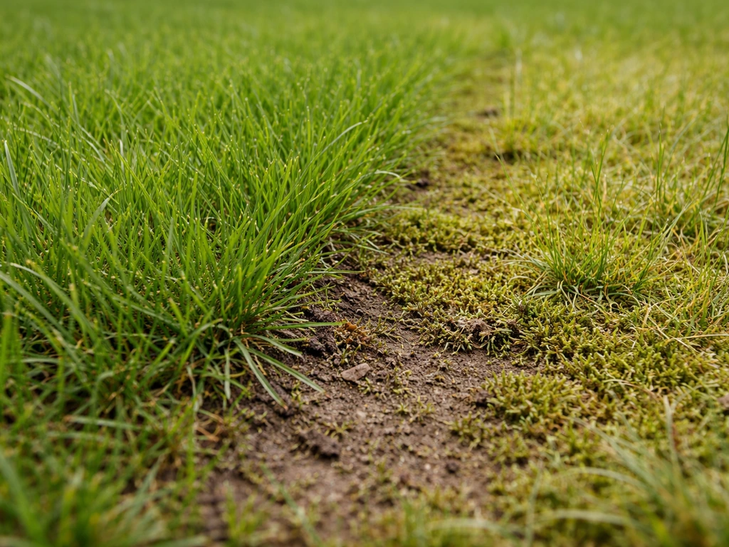 Close-up van gazon met groene graszone naast verzuurde plek met mos en geel/dunner gras.