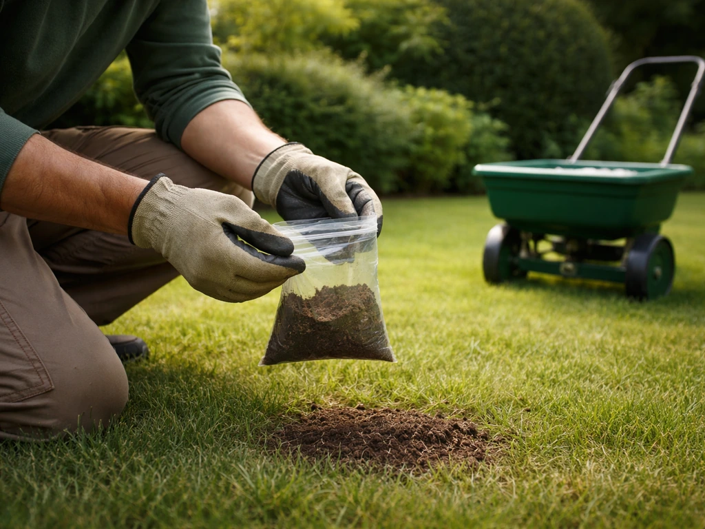 Anonieme tuinman met handschoenen houdt grondmonster vast bij een gazon, met een kalkstrooier in beeld