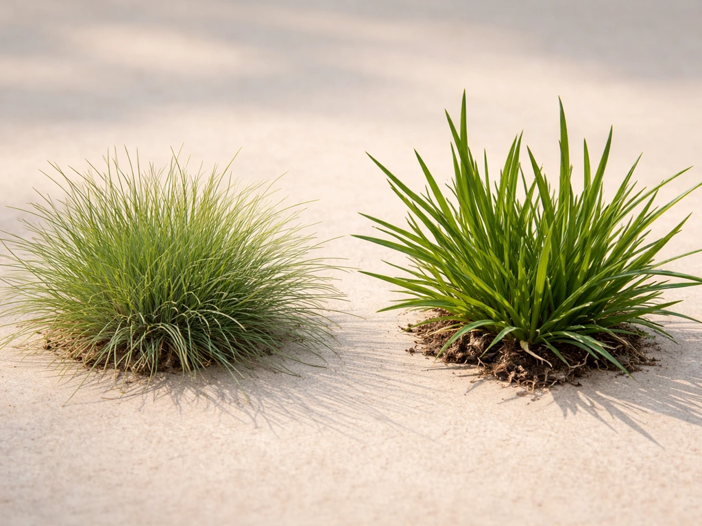 Close-up van twee soorten grassprieten op een neutrale ondergrond, als vergelijking van ‘schapengras’ en een andere soor