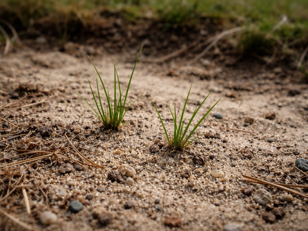 Close-up van schrale zand/heidegrond met enkele sprieten schapengras die net aanslaan, met contrast naar rijkere grond.