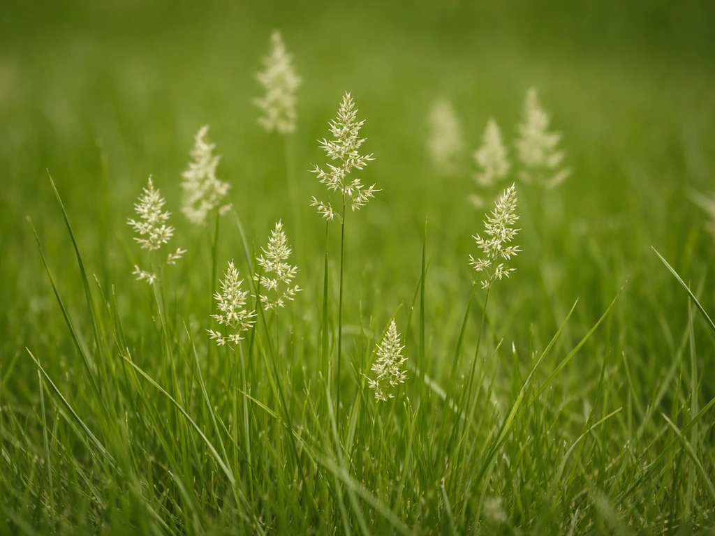 Close-up van gras in een gazon met lichte zaad-/bloempluimen tegen een groene achtergrond.