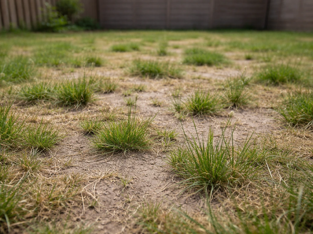 Verzwakt gazon met open plekken en beginnende ongewenste pluimgrassen tussen dun gras.